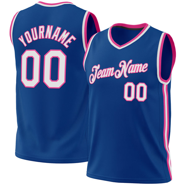 Custom Blue White-Pink Authentic Throwback Basketball Jersey