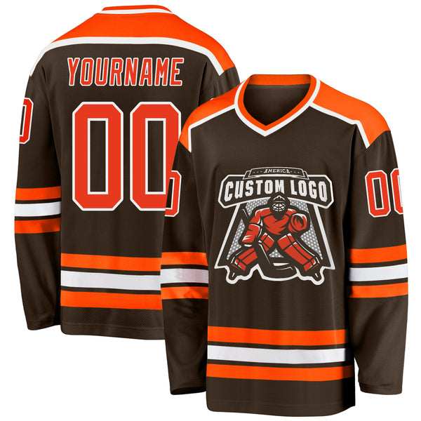 Custom Brown Orange-White Hockey Jersey