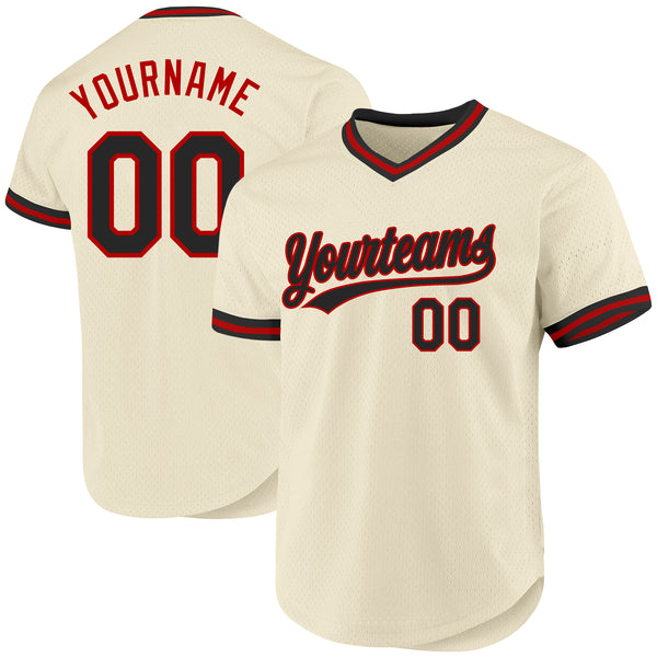 Custom Cream Black-Red Authentic Throwback Baseball Jersey