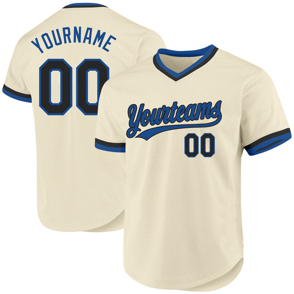 Custom Cream Black-Blue Authentic Throwback Baseball Jersey