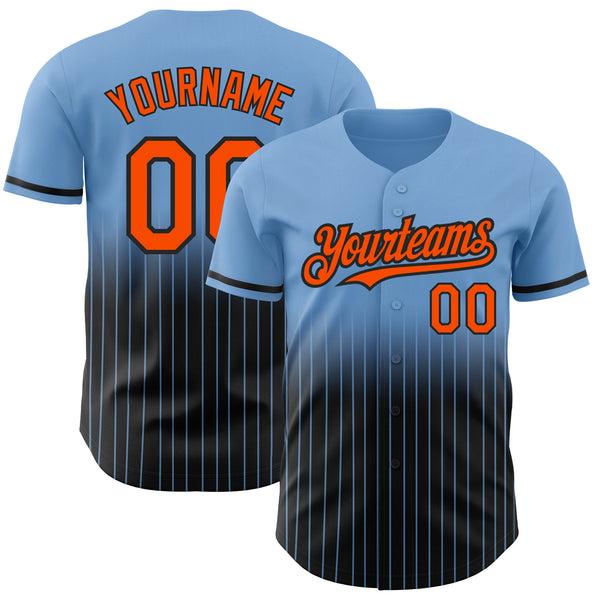 Custom Light Blue Pinstripe Orange-Black Authentic Fade Fashion Baseball Jersey