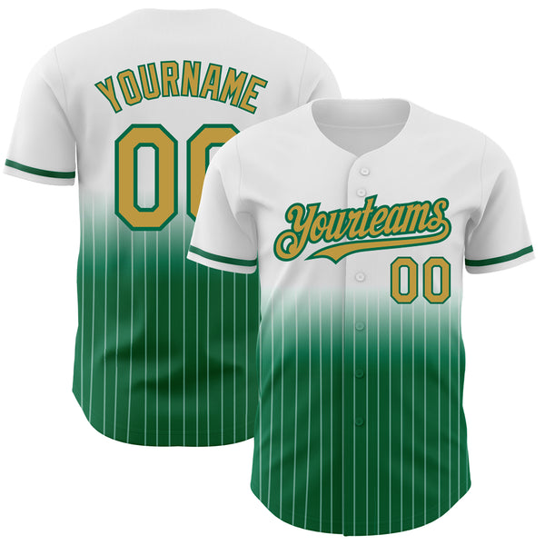 Custom White Pinstripe Old Gold-Kelly Green Authentic Fade Fashion Baseball Jersey