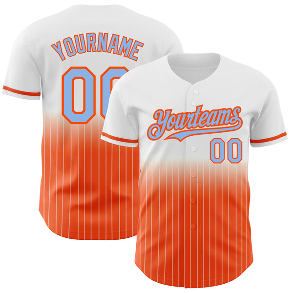 Custom White Pinstripe Light Blue-Orange Authentic Fade Fashion Baseball Jersey