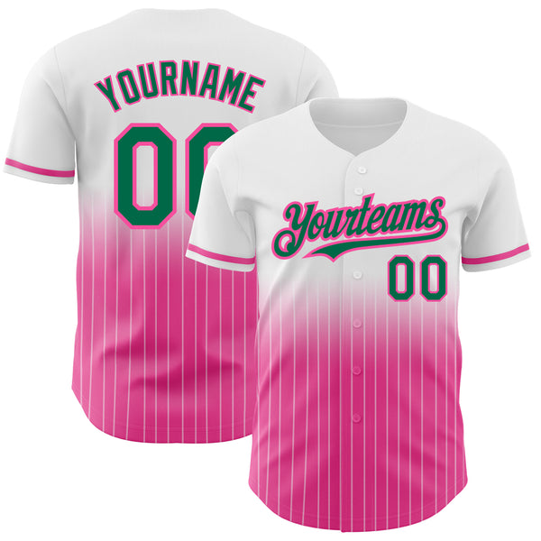 Custom White Pinstripe Kelly Green-Pink Authentic Fade Fashion Baseball Jersey