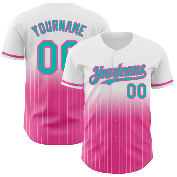 Custom White Pinstripe Aqua-Pink Authentic Fade Fashion Baseball Jersey