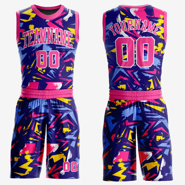 Custom Figure Pink-Gold Music Festival Round Neck Sublimation Basketball Suit Jersey