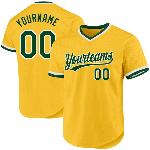 Custom Gold Green-White Authentic Throwback Baseball Jersey