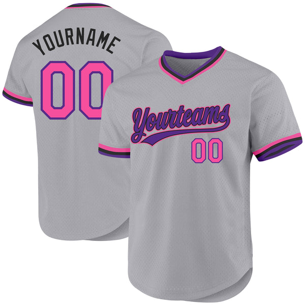 Custom Gray Pink Purple-Black Authentic Throwback Baseball Jersey