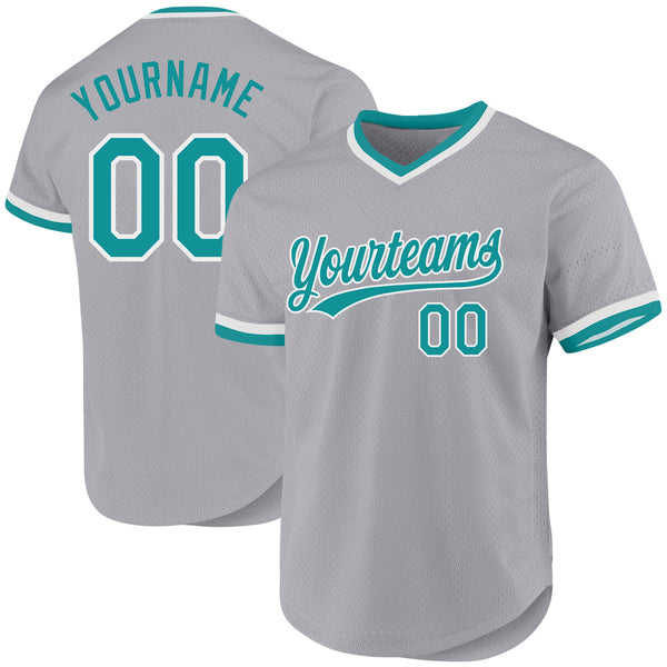 Custom Gray Teal-White Authentic Throwback Baseball Jersey