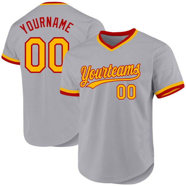 Custom Gray Gold-Red Authentic Throwback Baseball Jersey