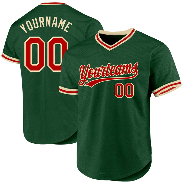 Custom Green Red-Cream Authentic Throwback Baseball Jersey