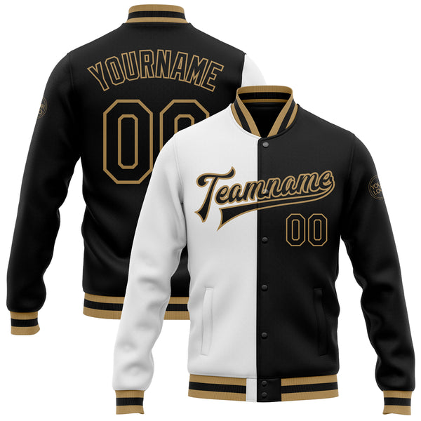 Custom White Black-Old Gold Bomber Full-Snap Varsity Letterman Split Fashion Jacket