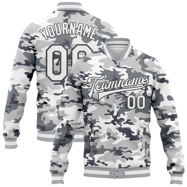 Custom Camo White-Steel Gray Snow Camouflage 3D Bomber Full-Snap Varsity Letterman Salute To Service Jacket