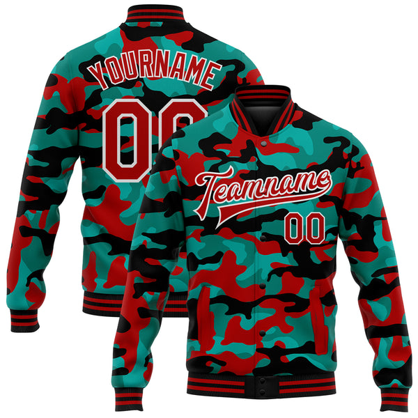 Custom Camo Red-White Fluorescent Camouflage 3D Bomber Full-Snap Varsity Letterman Salute To Service Jacket