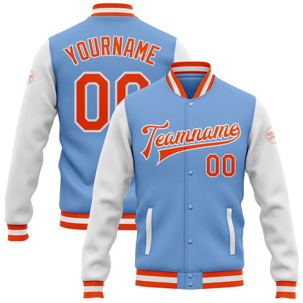 Custom Light Blue Orange-White Bomber Full-Snap Varsity Letterman Two Tone Jacket