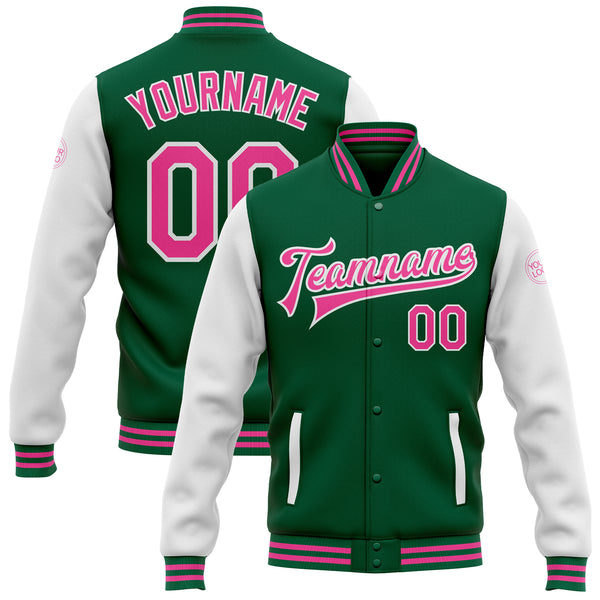 Custom Kelly Green Pink-White Bomber Full-Snap Varsity Letterman Two Tone Jacket