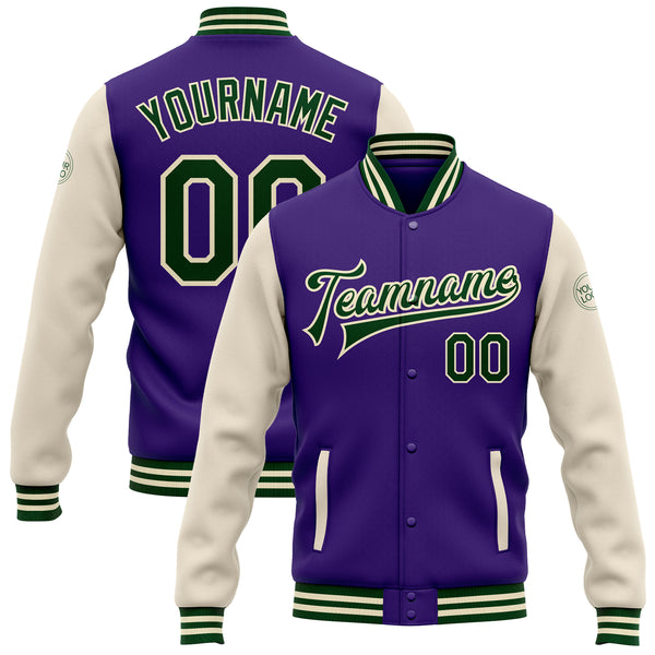 Custom Purple Green-Cream Bomber Full-Snap Varsity Letterman Two Tone Jacket