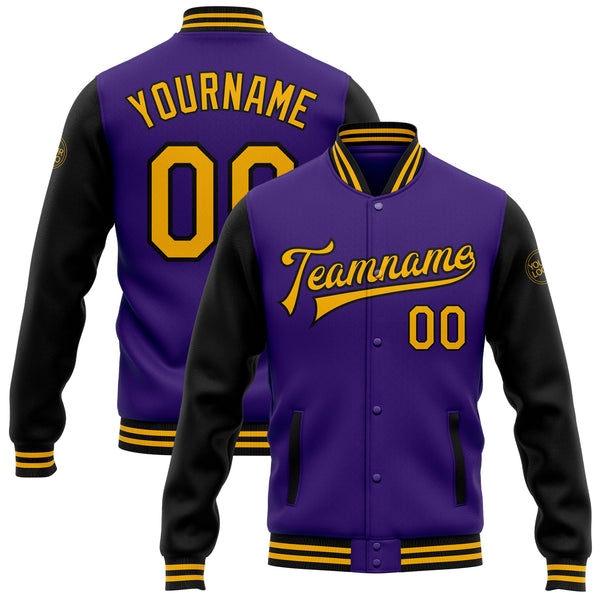 Custom Purple Gold-Black Bomber Full-Snap Varsity Letterman Two Tone Jacket