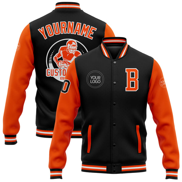 Custom Black Orange-White Bomber Full-Snap Varsity Letterman Two Tone Jacket
