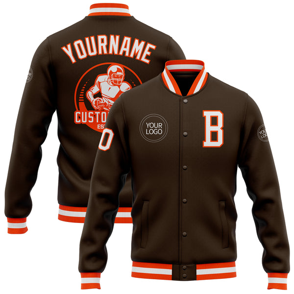 Custom Brown White-Orange Bomber Full-Snap Varsity Letterman Jacket