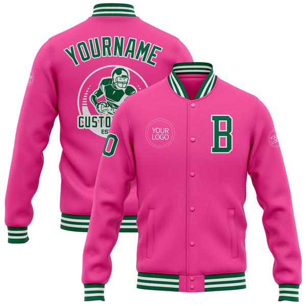 Custom Pink Kelly Green-White Bomber Full-Snap Varsity Letterman Jacket
