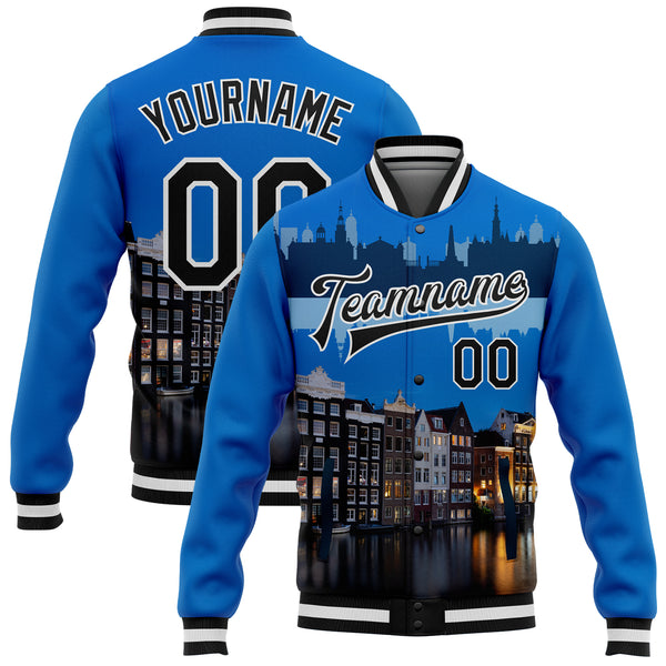 Custom Blue Black-White Amsterdam Netherlands City Edition 3D Bomber Full-Snap Varsity Letterman Jacket