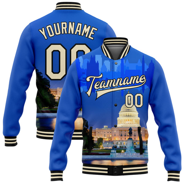 Custom Royal Cream-Black Capitol Washington City Edition 3D Bomber Full-Snap Varsity Letterman Jacket
