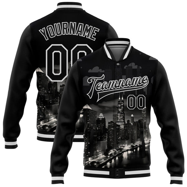Custom Black White Chicago Illinois City Edition 3D Bomber Full-Snap Varsity Letterman Jacket