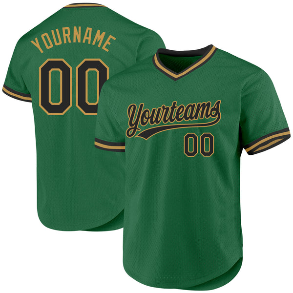 Custom Kelly Green Black-Old Gold Authentic Throwback Baseball Jersey