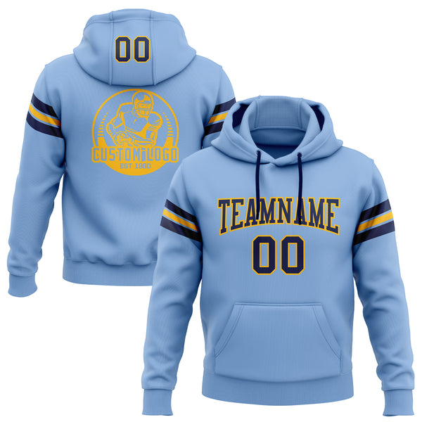 Custom Stitched Light Blue Navy-Gold Football Pullover Sweatshirt Hoodie