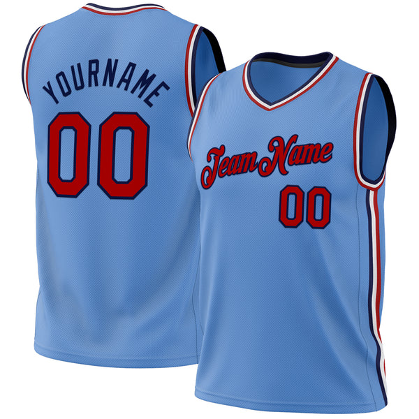 Custom Light Blue Red-Navy Authentic Throwback Basketball Jersey