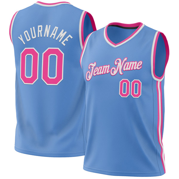 Custom Light Blue Pink-White Authentic Throwback Basketball Jersey