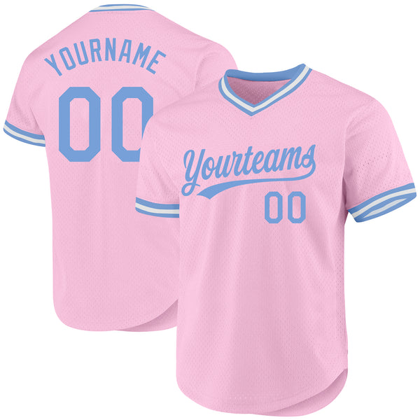 Custom Light Pink Light Blue-White Authentic Throwback Baseball Jersey