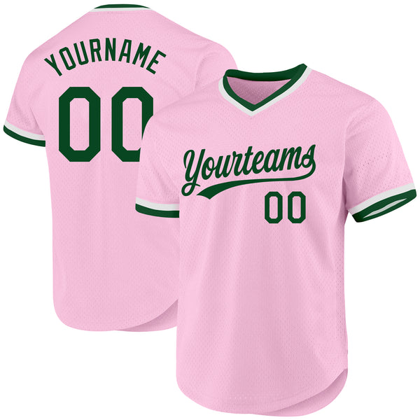 Custom Light Pink Green-White Authentic Throwback Baseball Jersey