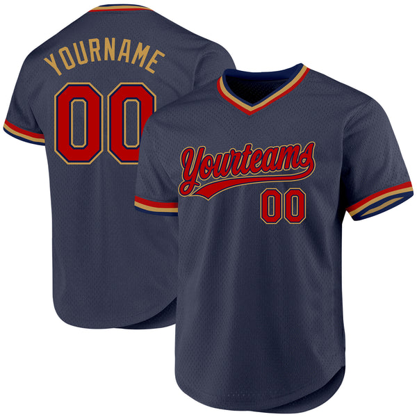 Custom Navy Red-Old Gold Authentic Throwback Baseball Jersey