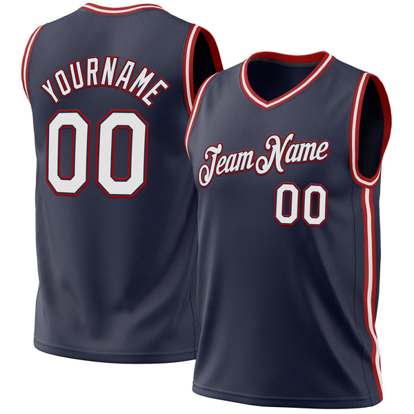 Custom Navy White-Red Authentic Throwback Basketball Jersey