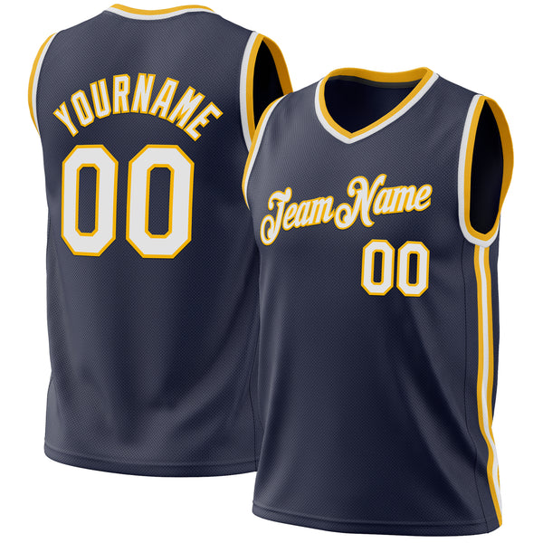 Custom Navy White-Gold Authentic Throwback Basketball Jersey