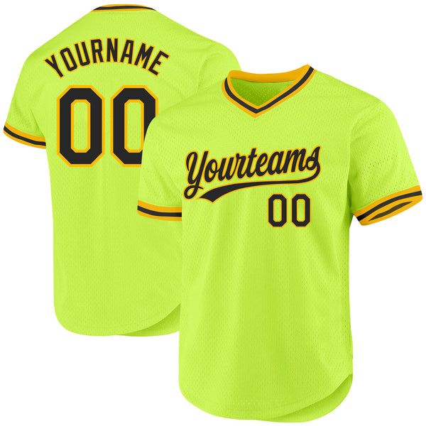 Custom Neon Green Black-Gold Authentic Throwback Baseball Jersey