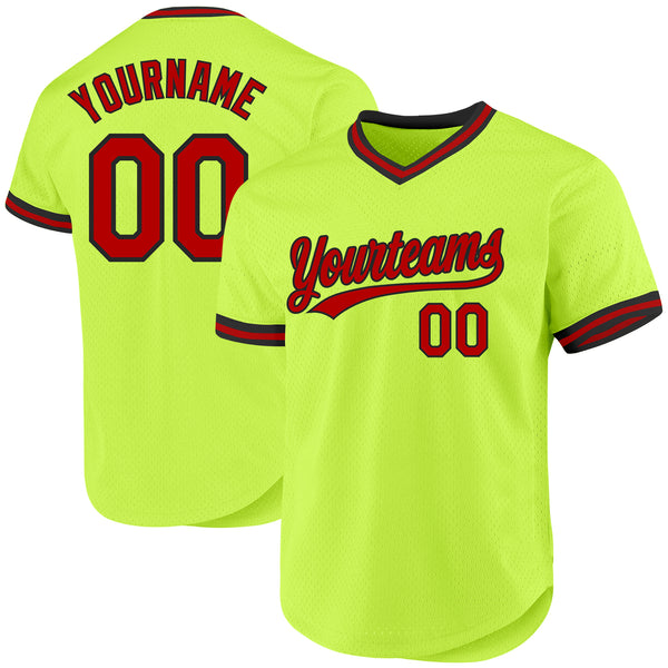 Custom Neon Green Red-Black Authentic Throwback Baseball Jersey