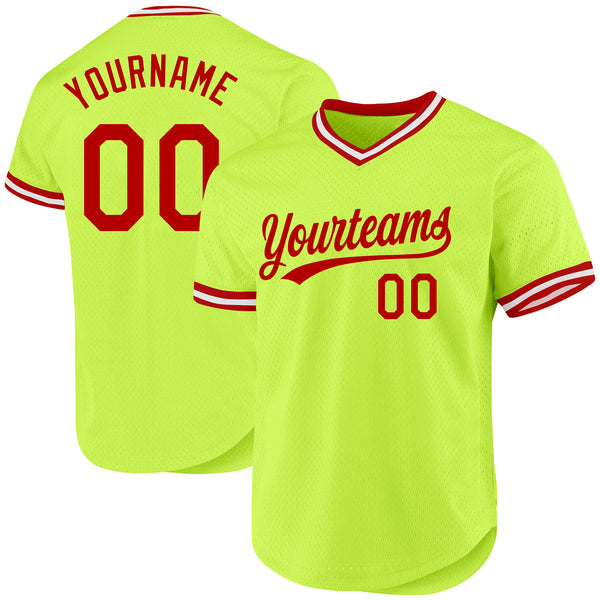 Custom Neon Green Red-White Authentic Throwback Baseball Jersey