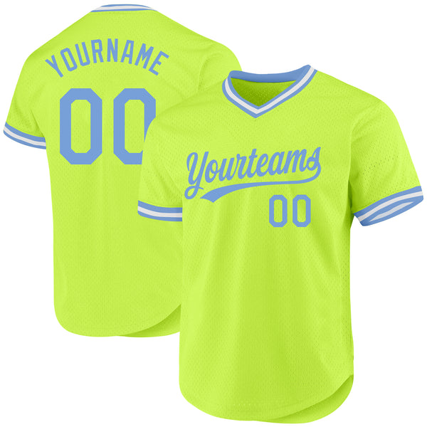 Custom Neon Green Light Blue-White Authentic Throwback Baseball Jersey