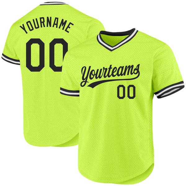 Custom Neon Green Black-White Authentic Throwback Baseball Jersey