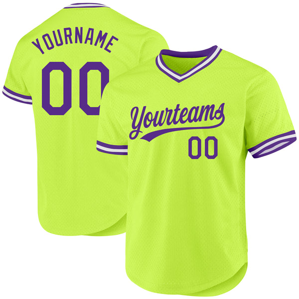 Custom Neon Green Purple-White Authentic Throwback Baseball Jersey