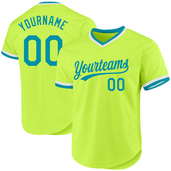 Custom Neon Green Teal-White Authentic Throwback Baseball Jersey