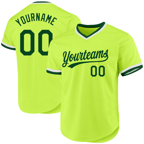 Custom Neon Green Green-White Authentic Throwback Baseball Jersey
