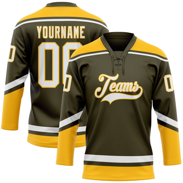 Custom Olive White-Gold Salute To Service Hockey Lace Neck Jersey