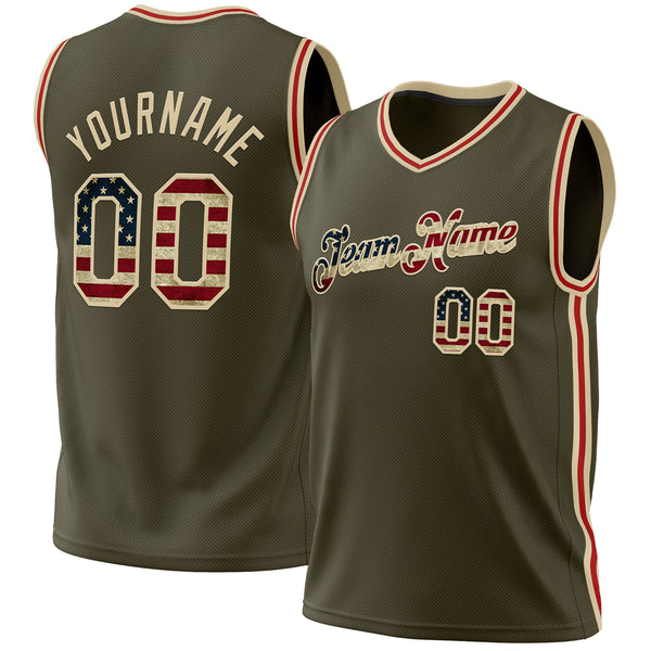 Custom Olive Vintage USA Flag Cream-Red Authentic Throwback Salute To Service Basketball Jersey