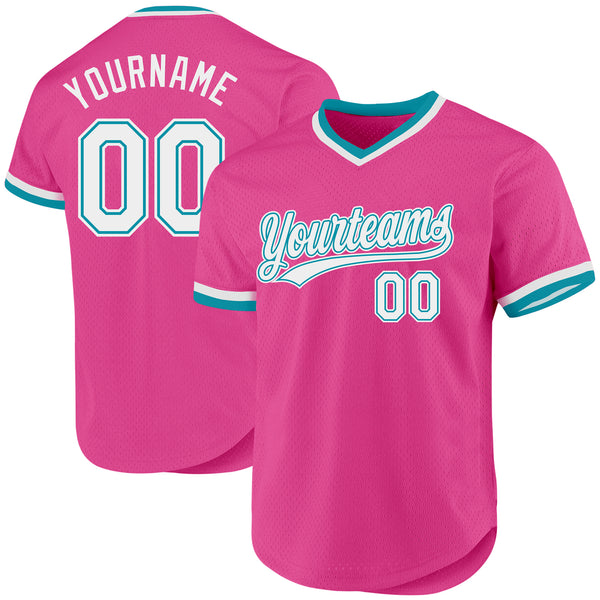 Custom Pink White-Teal Authentic Throwback Baseball Jersey