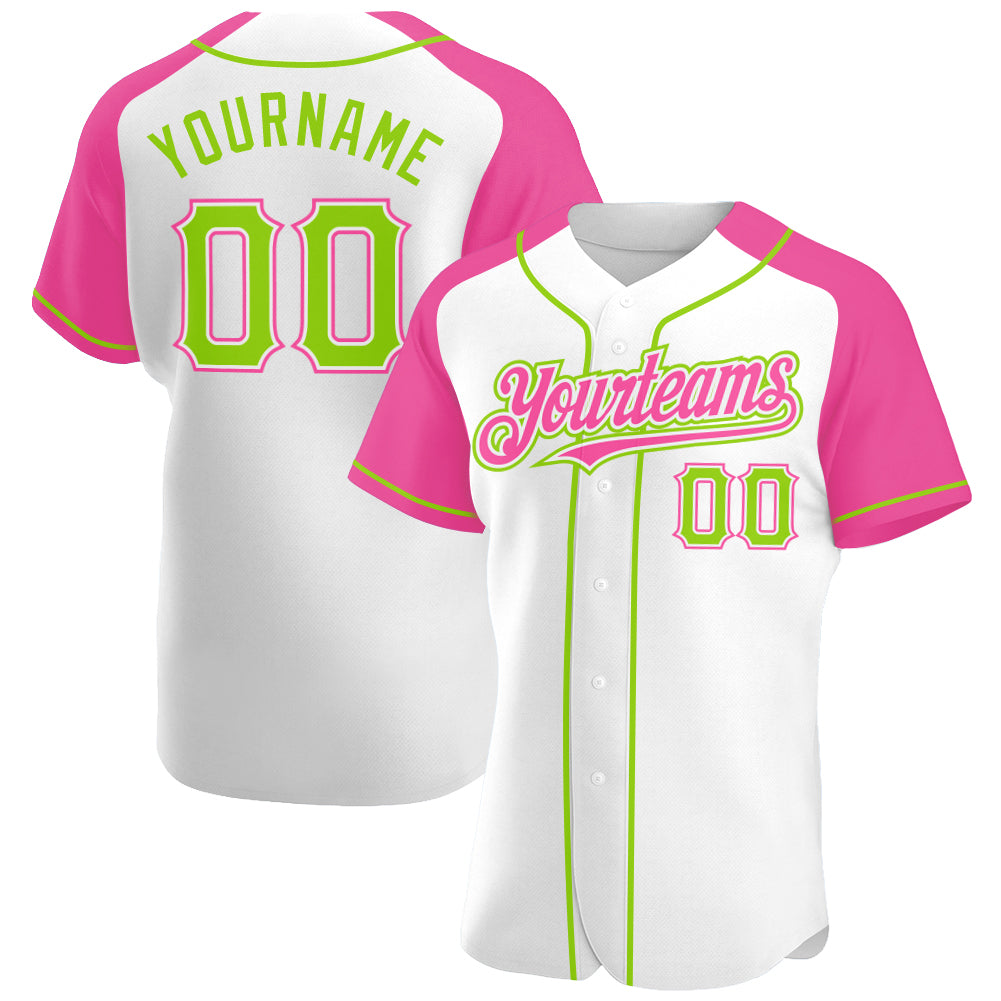 Custom White Neon Green-Pink Authentic Raglan Sleeves Baseball Jersey ...