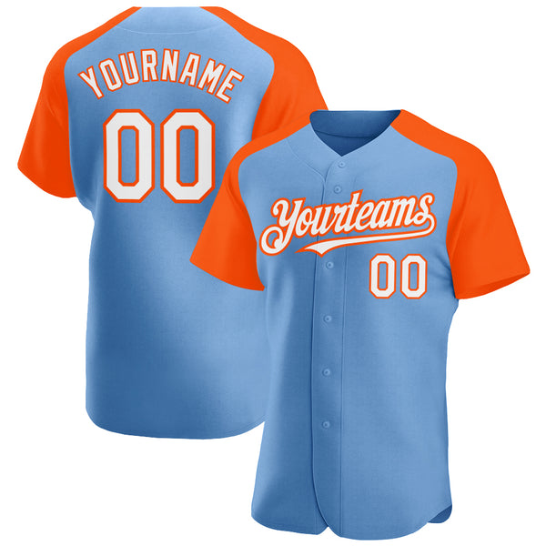 Custom Light Blue White-Orange Authentic Raglan Sleeves Baseball Jersey